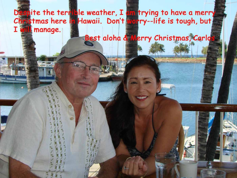 Hawaii, December 24, 2007: This just in from our friend and ZOHO artist Carlos Barbosa-Lima who is sharing with us visual evidence of what a hard time he has getting in a Christmas mood, with lousy weather to boot.