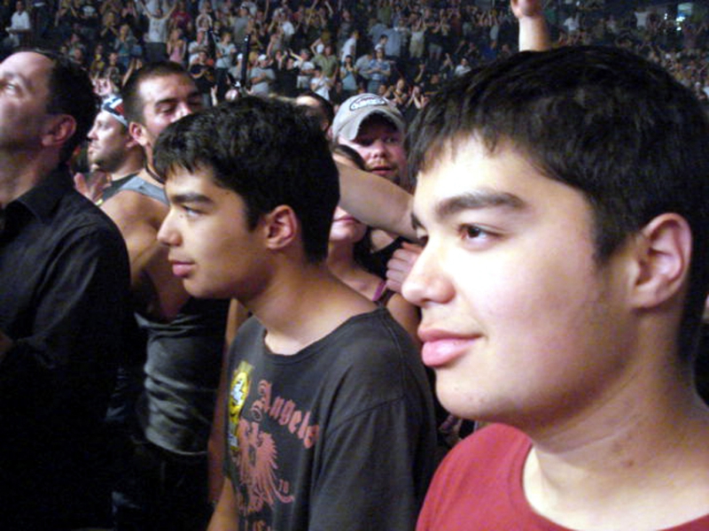 Albany, NY, June 9, 2007: After hangin' with members of Hank's crew on the tour bus, it was back into the auditorium to catch Lynrd Skynrd's set. Jochen's sons Carl (center) and Lucas (right) enjoying the show!