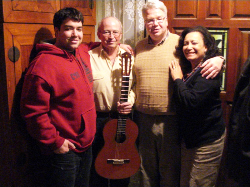 Millwood, NY, November 14, 2010: Highlights of the Beckers annual social calendar are always the regular visits by our close friend and ZOHO artist, guitarist Carlos Barbosa-Lima. Each of our evenings culminates in a house concert by Carlos, frequently containing new music which might find its way onto a future ZOHO CD release. From left: Andrew Becker, Carlos, Jochen, and Iris Becker. 
