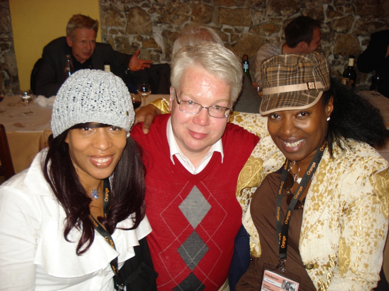 MIDEM 2010  ZOHO President Jochen Becker hard at work networkin with Helen Bruner (right) and Terry Jones, two R & B producers and singers, and 2009 GRAMMY nominees, from Philadelphia.