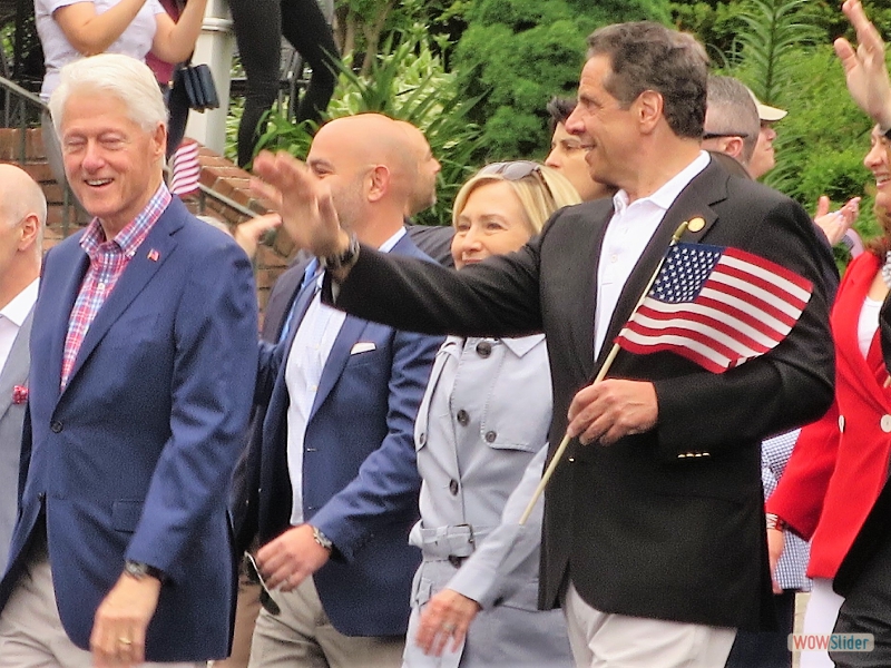 May 28, 2018: today is Memorial Day parade in our hamlet of Chappaqua, NY. In the marching parade following the local middle and high school bands, fire trucks, veterans and senior citizens groups, etc., we spotted Bill and Hilary C. Their full last name escapes me at the moment. Walking with them was the Governor of a certain East Coast state.